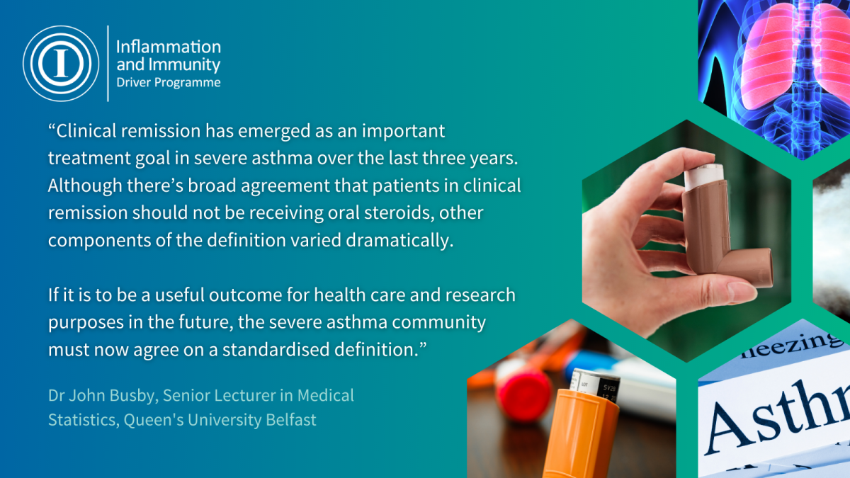 Blue background with honeycomb matrix of images of asthma inhalers. Text reads: Dr John Busby, Senior Lecturer in Medical Statistics at Queen’s University Belfast said: “Clinical remission has emerged as an important treatment goal in severe asthma over the last three years. Although there’s broad agreement that patients in clinical remission should not be receiving oral steroids, other components of the definition varied dramatically. If it is to be a useful outcome for health care and research purposes in