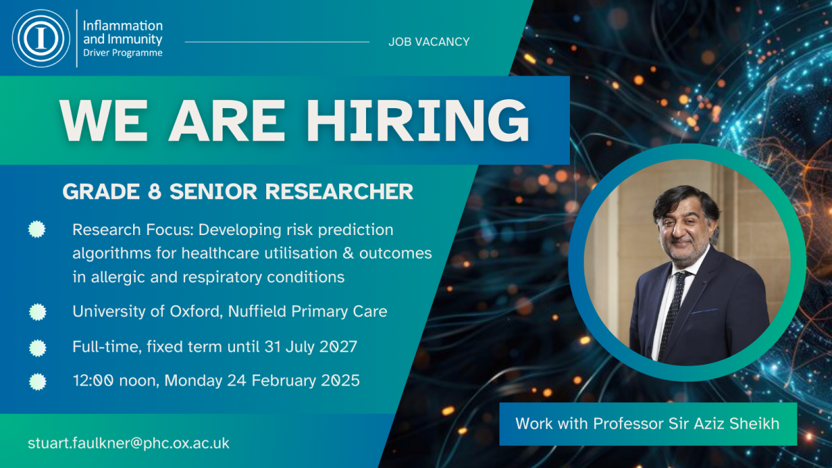 Blue and green background, text reads: "We are Hiring" Grade 8 Senior Researcher