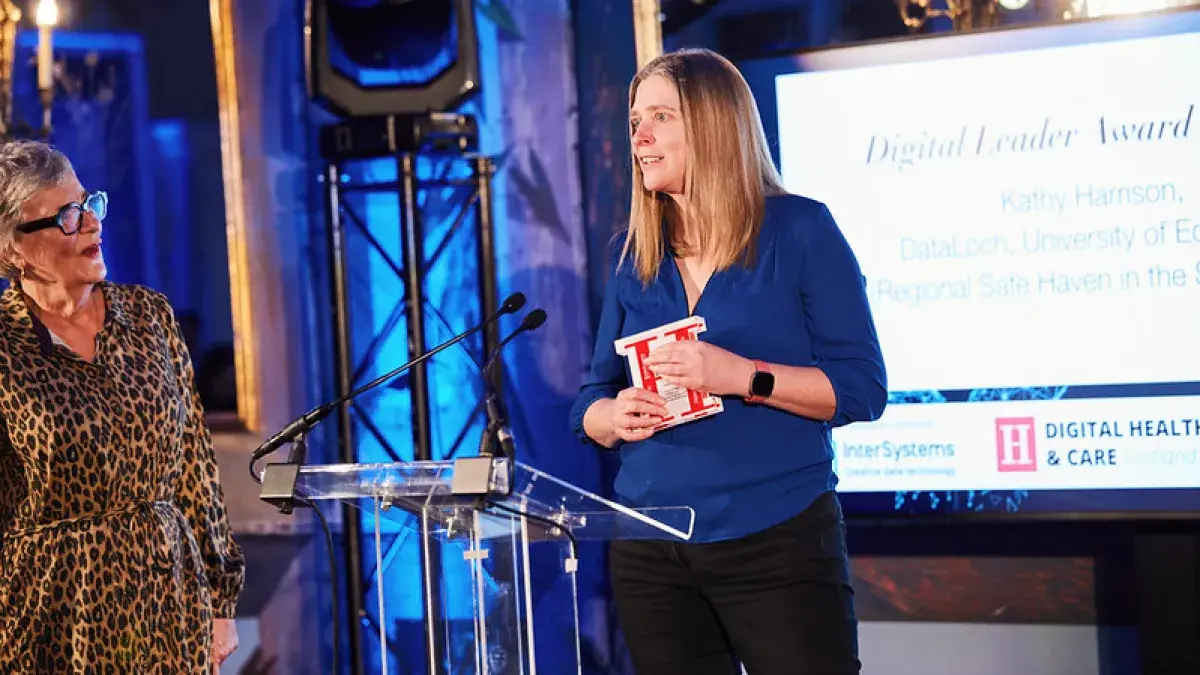Kathy Harrison receiving the 2025 Digital Leader Award during the Holyrood Connect Digital Health and Care Awards