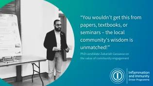 Black and white photograph of Zakariah Gassasse speaking. Quote reads: “You wouldn’t get this from papers, textbooks, or seminars – the local community's wisdom is unmatched!” - Zakariah Gassasse on the value of community engagement