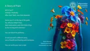 Blue/green background with surrealist humanoid image of a person with his back to us. Brightly coloured flowers are sprouting from his back. Text reads: “A Story of Pain: Will it hurt? Initially? Probably. After that? Well, now that depends. Some say it’s in the lap of the gods. So, will you adopt Oizys, that malevolent, pain full child of Nyx to live in long-term distress? You can block his pathway… Or tell yourself a different story, one of health and healing with Asclepius. You can write your own script.