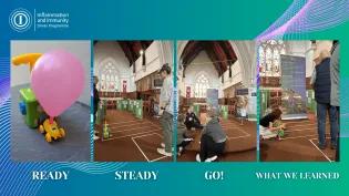 Blue green background with collage of photos of Cedric teaching children about asthma with toys and balloons