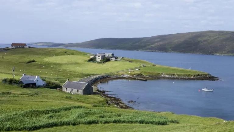 Remote houses on the Shetland coast