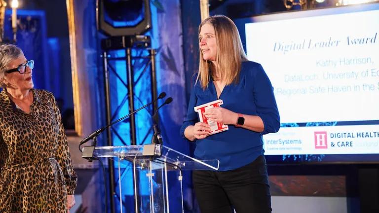 Kathy Harrison receiving the 2025 Digital Leader Award during the Holyrood Connect Digital Health and Care Awards