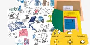 Visual meeting notes, including figures, books, cameras and text.