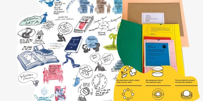 Visual meeting notes, including figures, books, cameras and text.