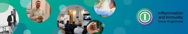 Blue/Green background, logo of I&I programme, circular photos of I&I team members talking