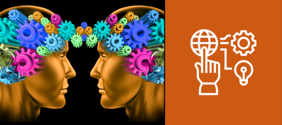 Picture of two gold faces facing each other with multicoloured cogs in their head next to a picture of a hand pressing the world wide web symbol connected to a light bulb and a cog icon