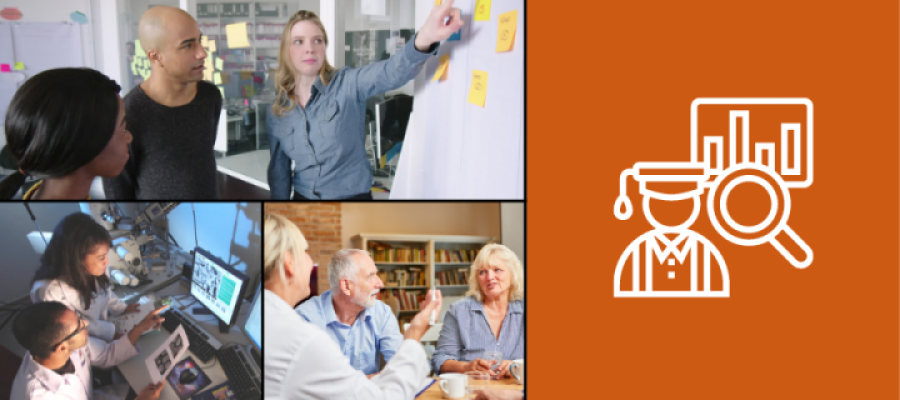 Picture of researchers pointing to the board, and in the lab wearing googles alongside a silhouette on the right hand side of a graduating person on an orange background