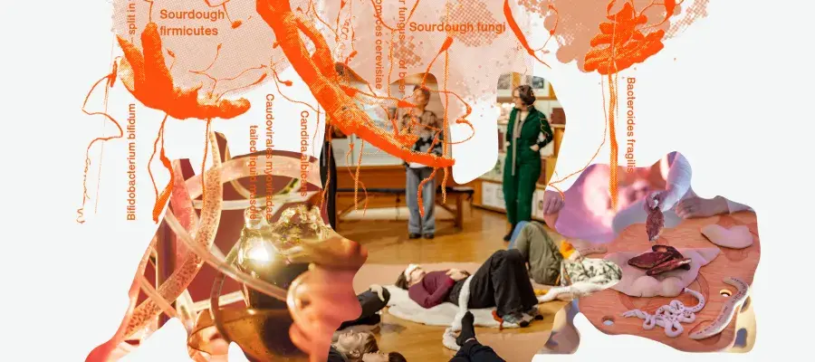 Graphic representation of the spatial 'holobiont mapping' of Cometabolise: A Holobiont Dinner, edible encounters of Sensing Holobiont and participants in Gutscapes.