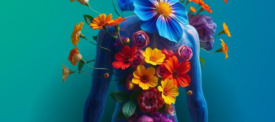 Blue/green background with surrealist humanoid image of a person with his back to us. Brightly coloured flowers are sprouting from his back. 