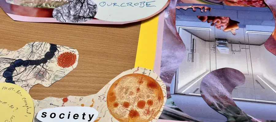 A close-up of a collage reads 'open eyes, ears', Microbe, 'whycrobe, yourchrobe, ourchrobe', 'society, trouble', with swirling cut out images including a planet, branches, corridors and oozing gloop. 