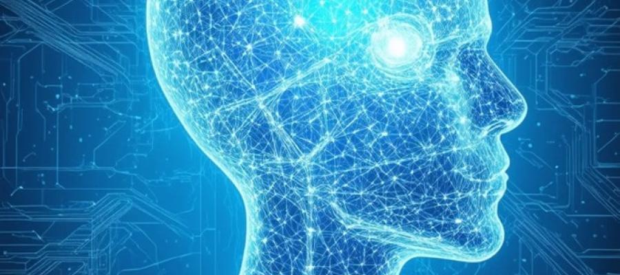 An AI generated image of a human head and shoulders, glowing blue from the inside.