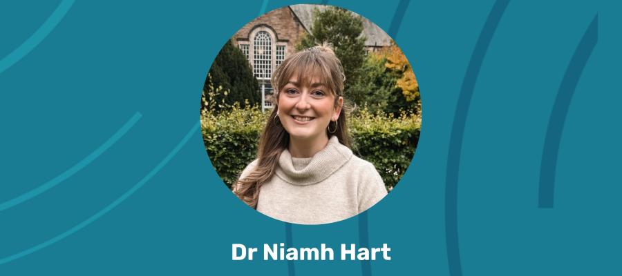An image of a woman smiling in front of an Edinburgh University building and the text 'Dr Niamh Hart.'