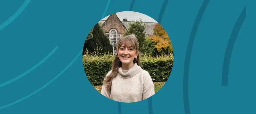 An image of a woman smiling in front of an Edinburgh University, on a blue background.