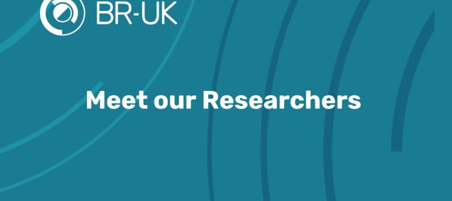The text 'Meet our Researchers' on a blue background with the BR-UK Logo