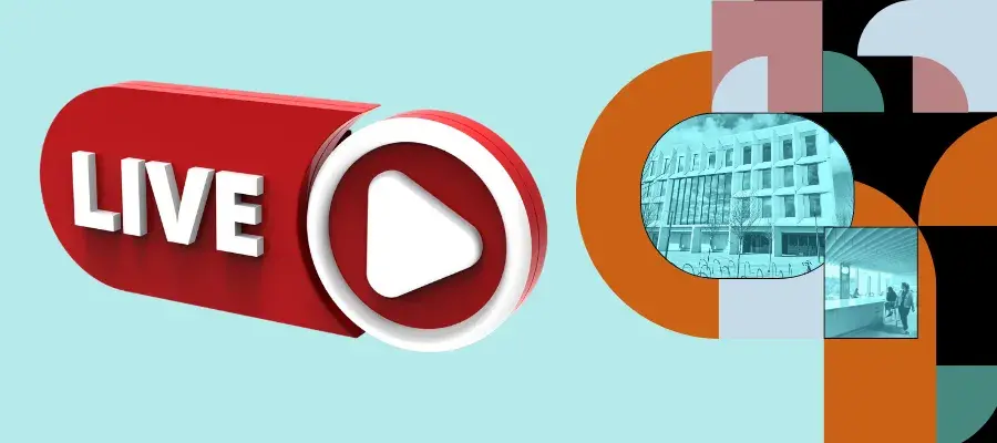 The word "Live" beside a video icon and the Usher Building Opening graphic