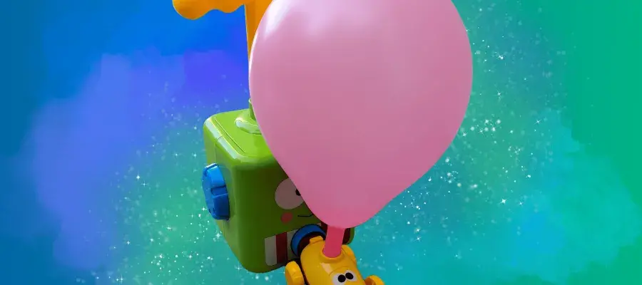 Blue green background with photograph of colourful child's toy with balloon