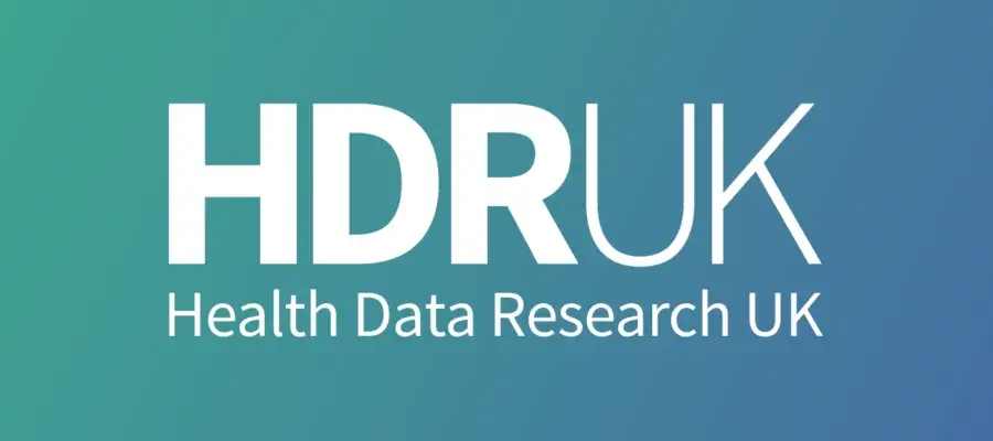 Blue green background, white HDRUK logo
