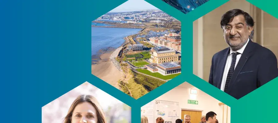 Blue green background, collage of people in the I&I team