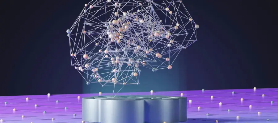 A computer generated image of a brain floating above a podium.