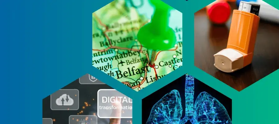 Blue green background, collage of asthma related images