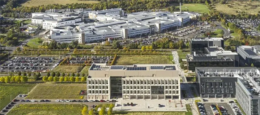 Drone photo of Usher Building looking across campus