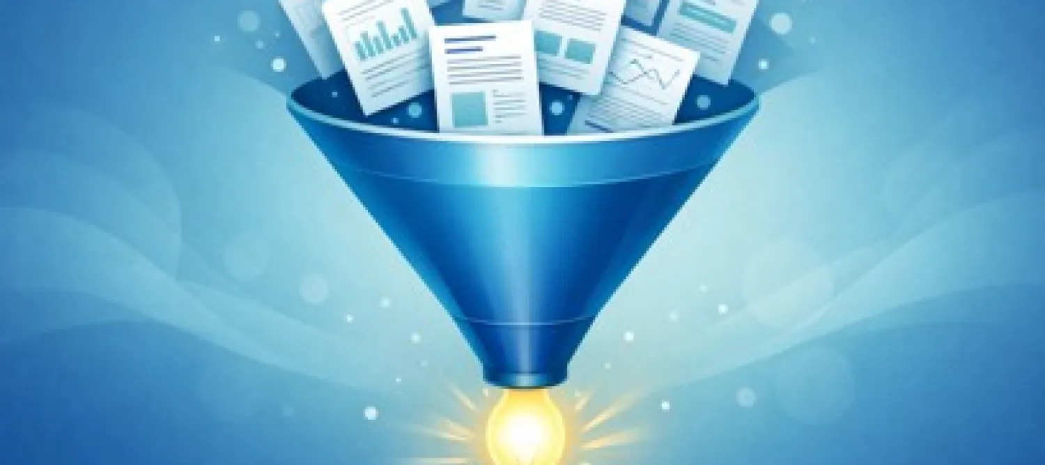 digital illustration of a funnel with academic research papers and journal articles flowing in from the top, and a single glowing insight or light bulb emerging from the bottom