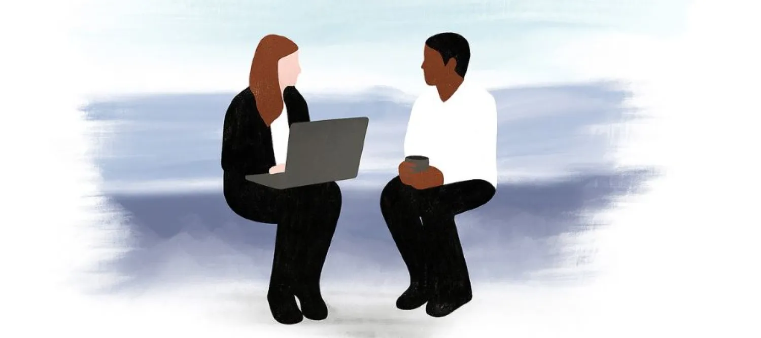 Digital illustration of two people talking, one person with a laptop