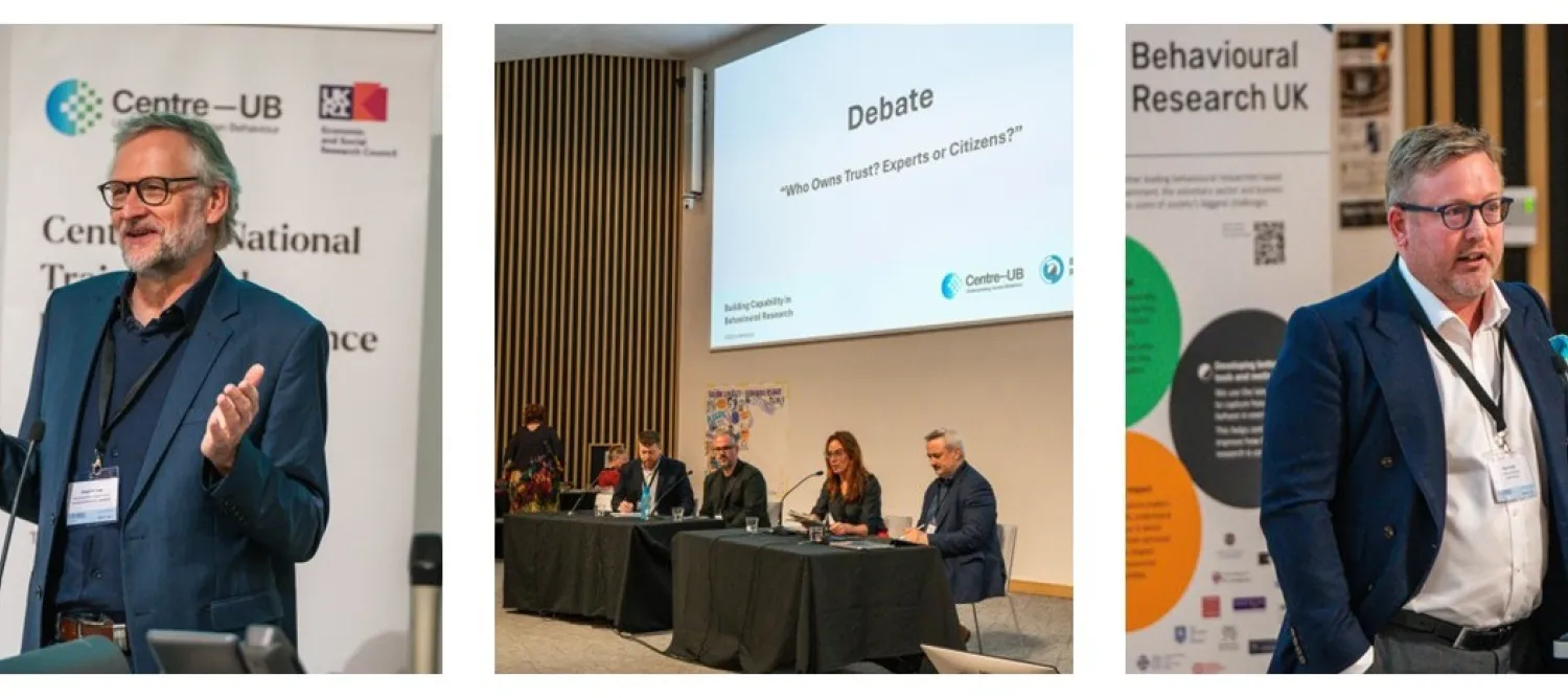 Professor Ralph Hertwig (left); Debate panel: Professor Marco Bardus, Professor Oliver Escobar, Professor Rachel Singleton and Professor Richard Amlot (left to right; centre image); Professor Paul Tayler (right)