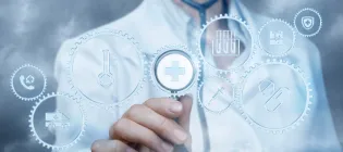 Image of someone in a white lab coat accessing AI digital information