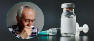 Photograph of elderly patient wiping their nose, including an image of a vaccine and syringe