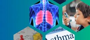 Green-blue background, collage of asthma-related images.