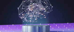 A computer generated image of a brain floating above a podium.