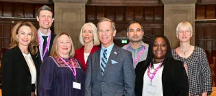 Photograph of all speakers and chairs at the Usher Institute Annual Lecture and Showcase 2025 (from left to right: Julie Jacko, Luke Daines, Nicola Boydell, Linda Bauld, David Nash, Ahmar Shah, Gwenetta Curry, Cathie Sudlow