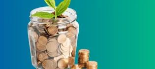 Green-blue background, jar with coins in it