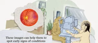 Illustration of an optometrist taking an image of a patient's eye 