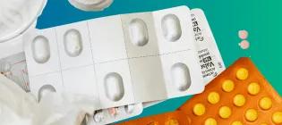 Blue green background, photograph of pills, tissues etc