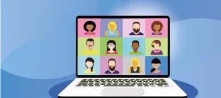 cartoon image of computer screen with people showing on an online meeting