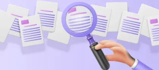 magnifying glass examines papers with text 
