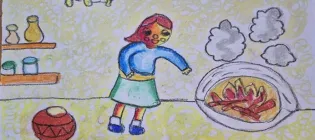Children's drawing of a girl in a kitchen looking at a smoking indoor fire
