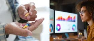Older person hands holding multiple tablets and person looking at data on multiple computer screens
