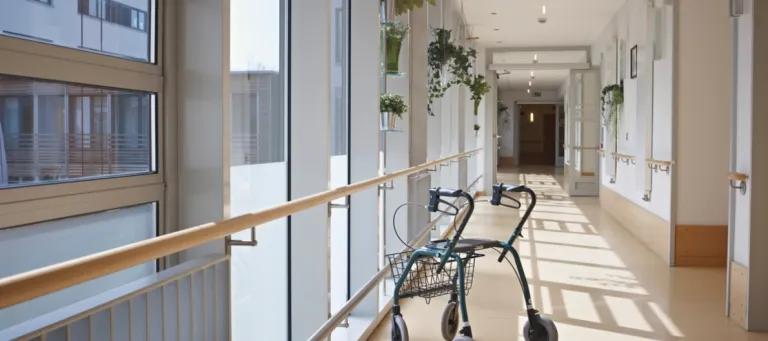 lone zimmerframe in hospital corridor
