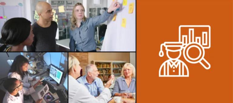 Picture of researchers pointing to the board, and in the lab wearing googles alongside a silhouette on the right hand side of a graduating person on an orange background