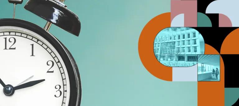 A clock shown beside an Usher Building Opening graphic