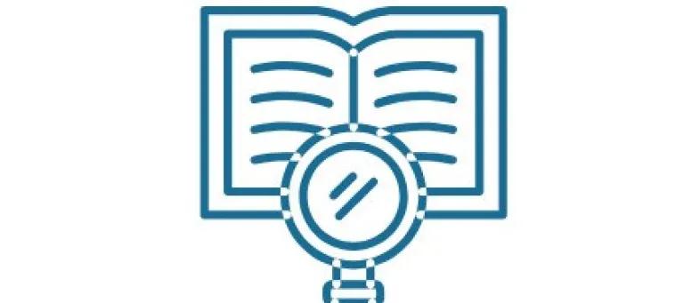 Green and white graphic of a magnifying glass and a book.