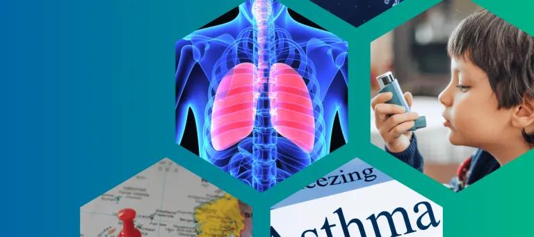 Green-blue background, collage of asthma-related images.