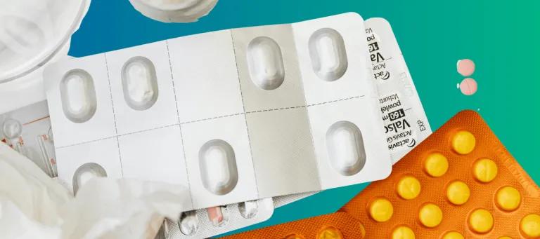 Blue green background, photograph of pills, tissues etc