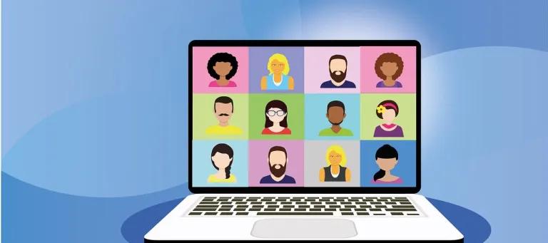 cartoon image of computer screen with people showing on an online meeting