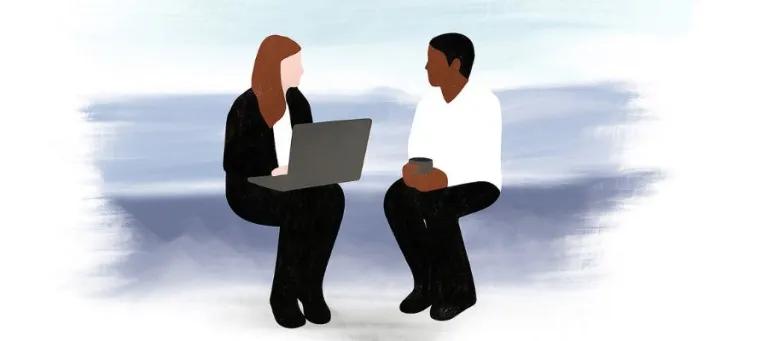 Digital illustration of two people talking, one person with a laptop
